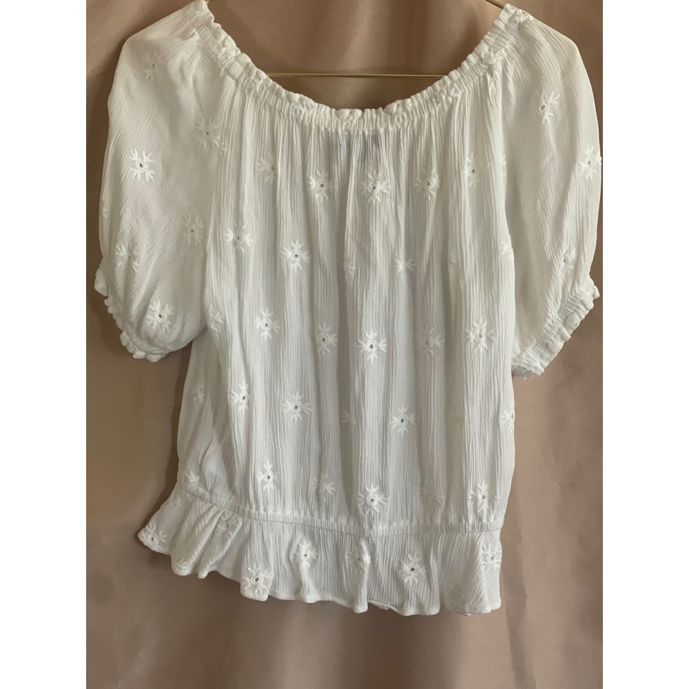 1.STATE White Embroidered Eyelet Puff Sleeve Peplum Blouse XS Boho Rayon Top - Picture 3 of 4